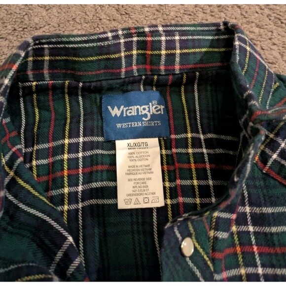 Vintage Wrangler Western Pearl Snap Button Green Plaid Long Sleeve Shirt Men's - Picture 3 of 6
